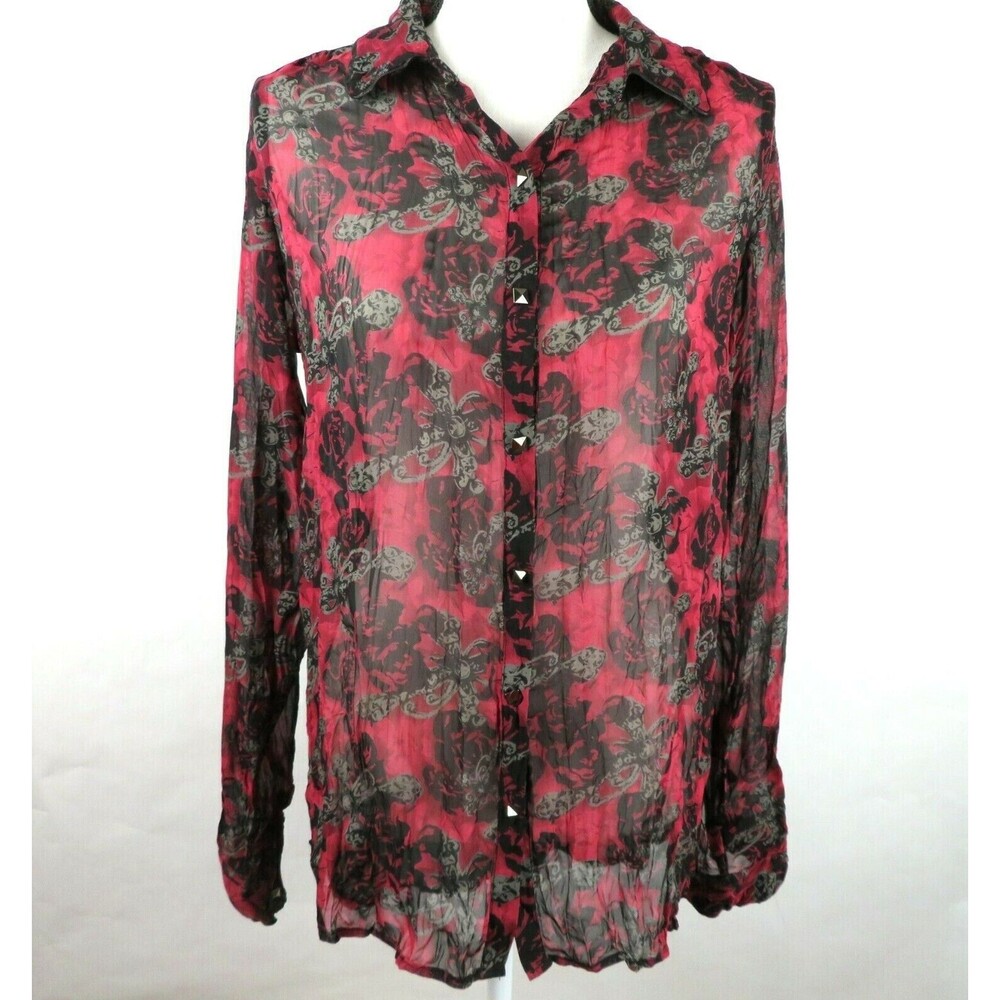 Maurices Womens Sheer Blouse Button Down Roll Up Sleeves Red Black Grey Size L